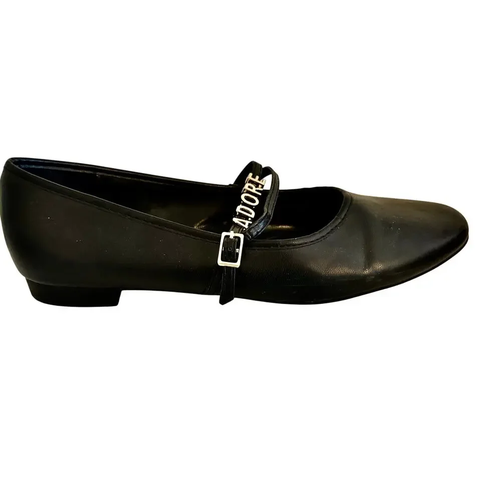 Charles & Keith Faux Black Leather ADORE Charm Mary Jane Ballet Flats Shoes Glam